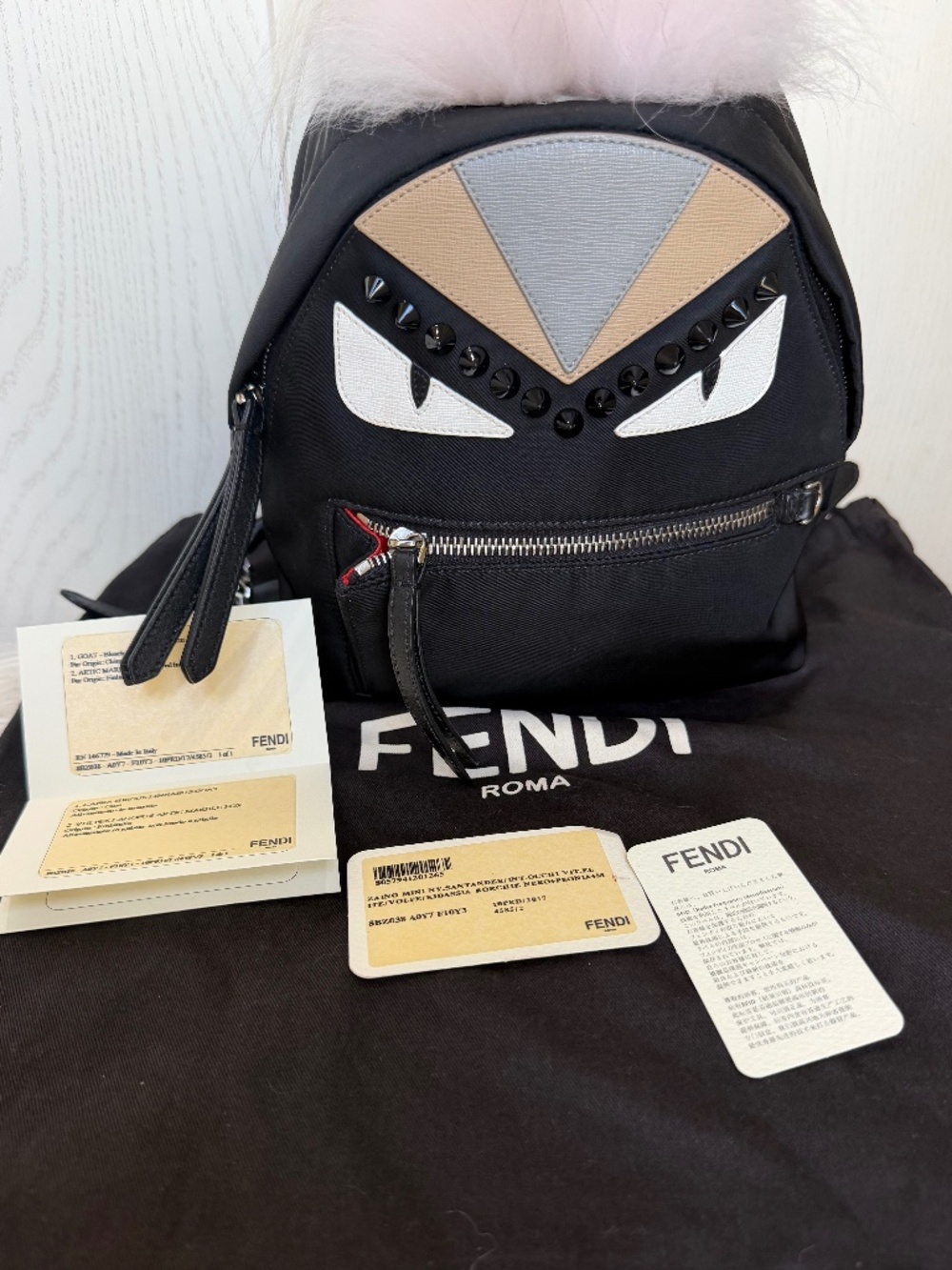 Fendi Monster Mini Backpack Black Nylon Fur Leather